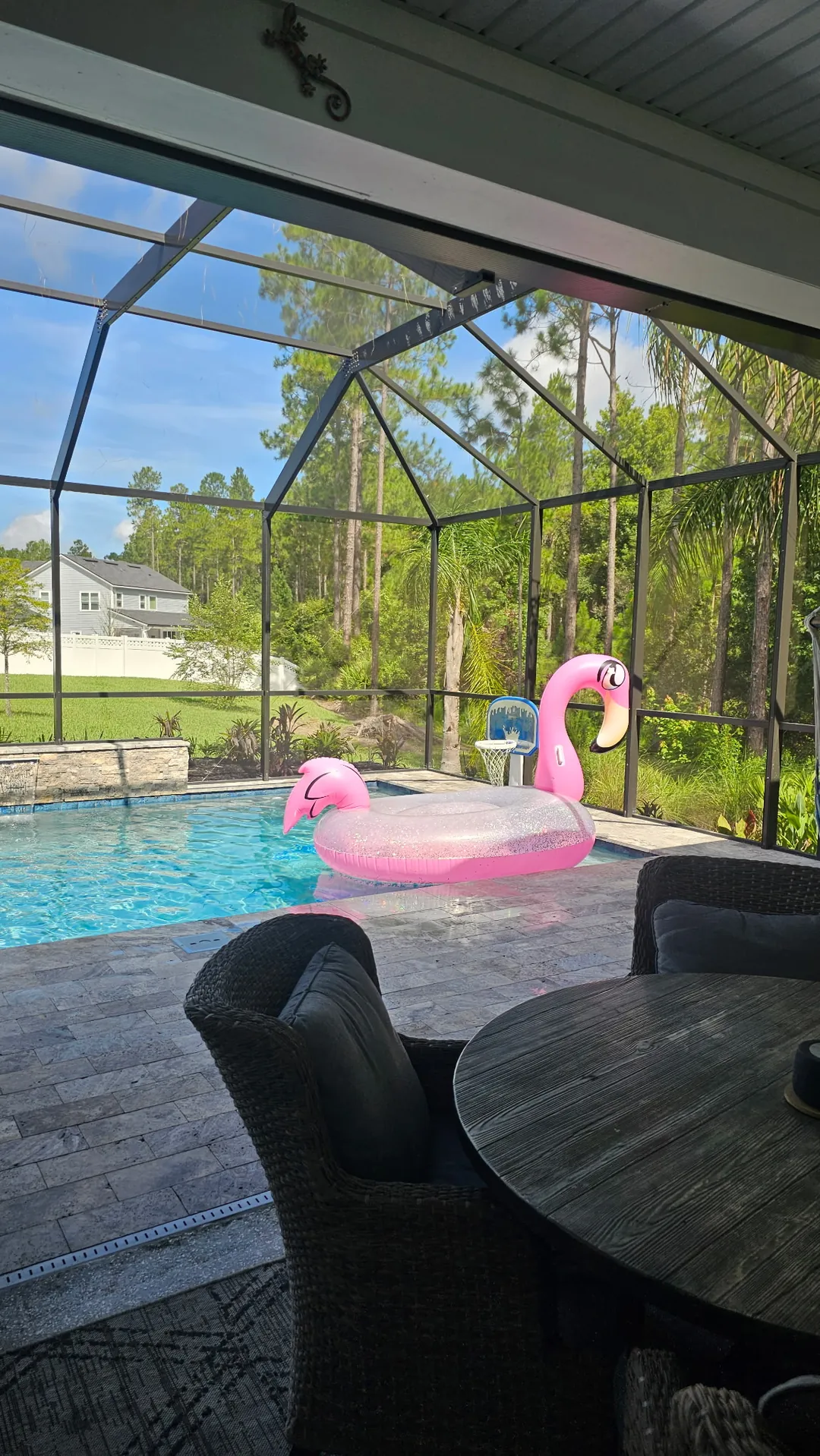 Daylight across the pool and flamingo float before the lighting goes in