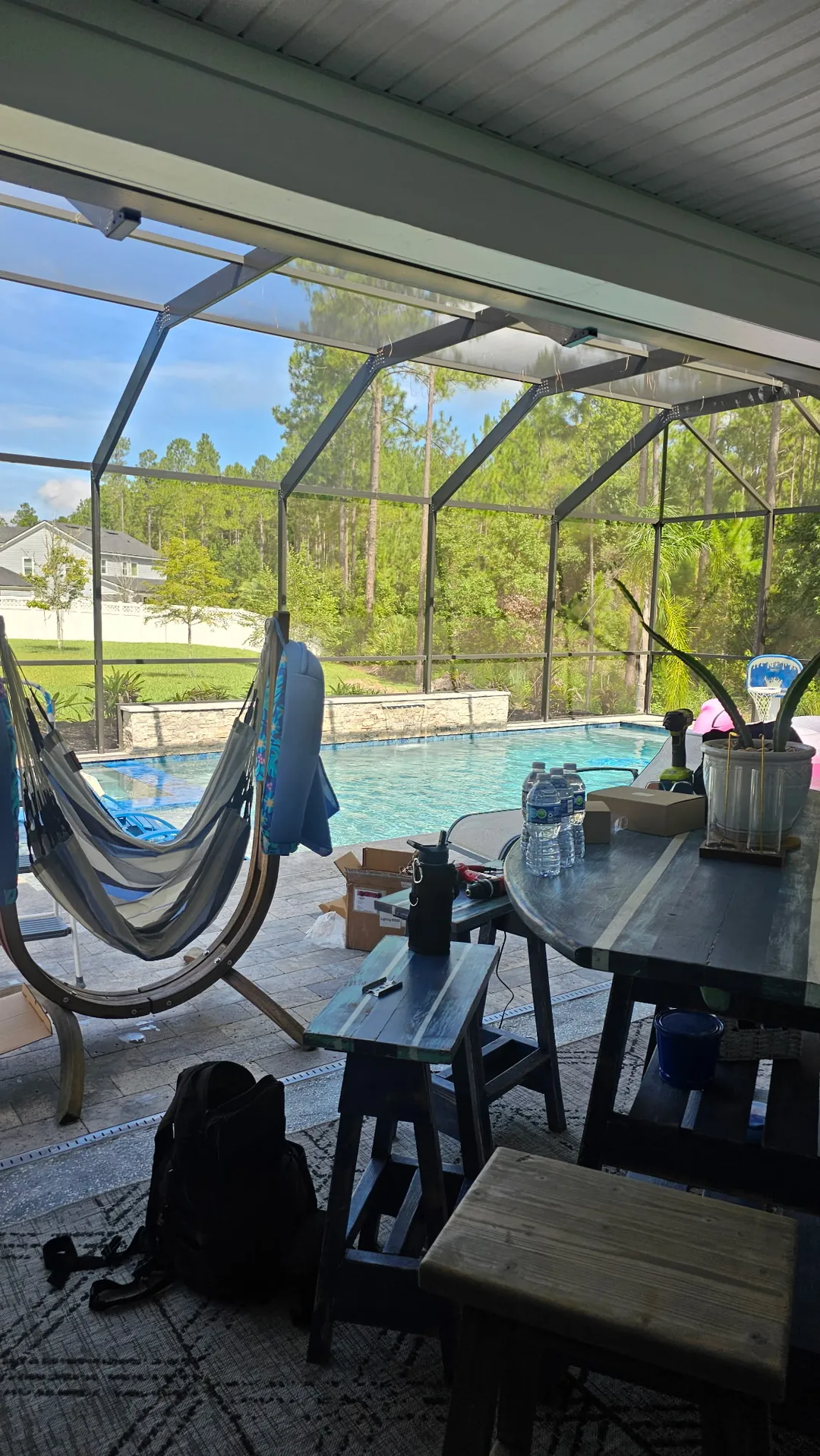 The raised spa and deck in daylight, before