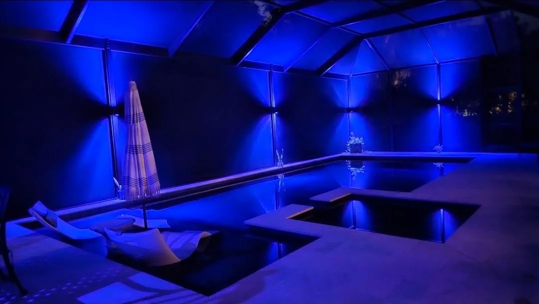 The same enclosure and spa reprogrammed to deep blue