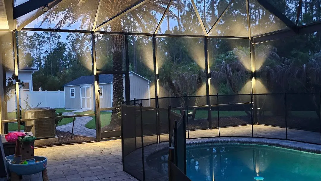 Dusk falling over the lit frame and deck