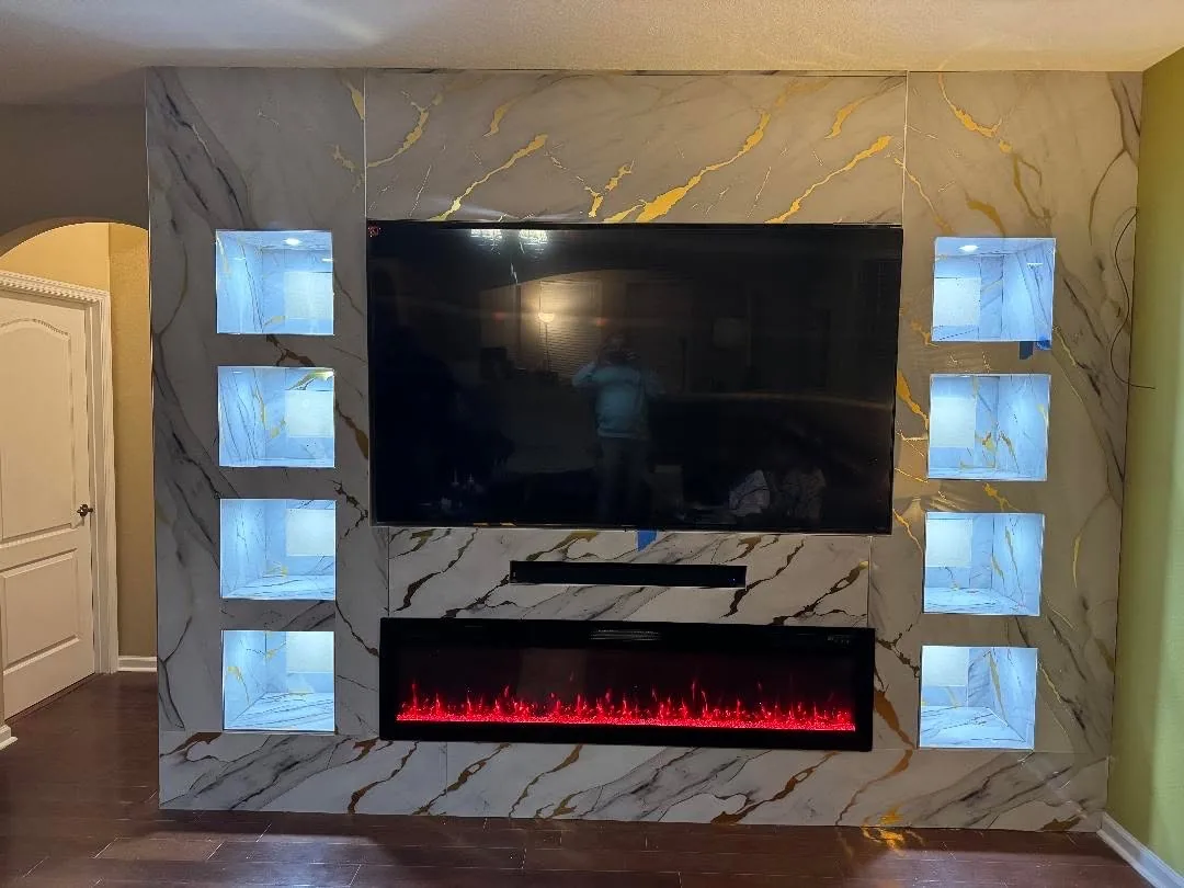 Media wall shelving lit from within