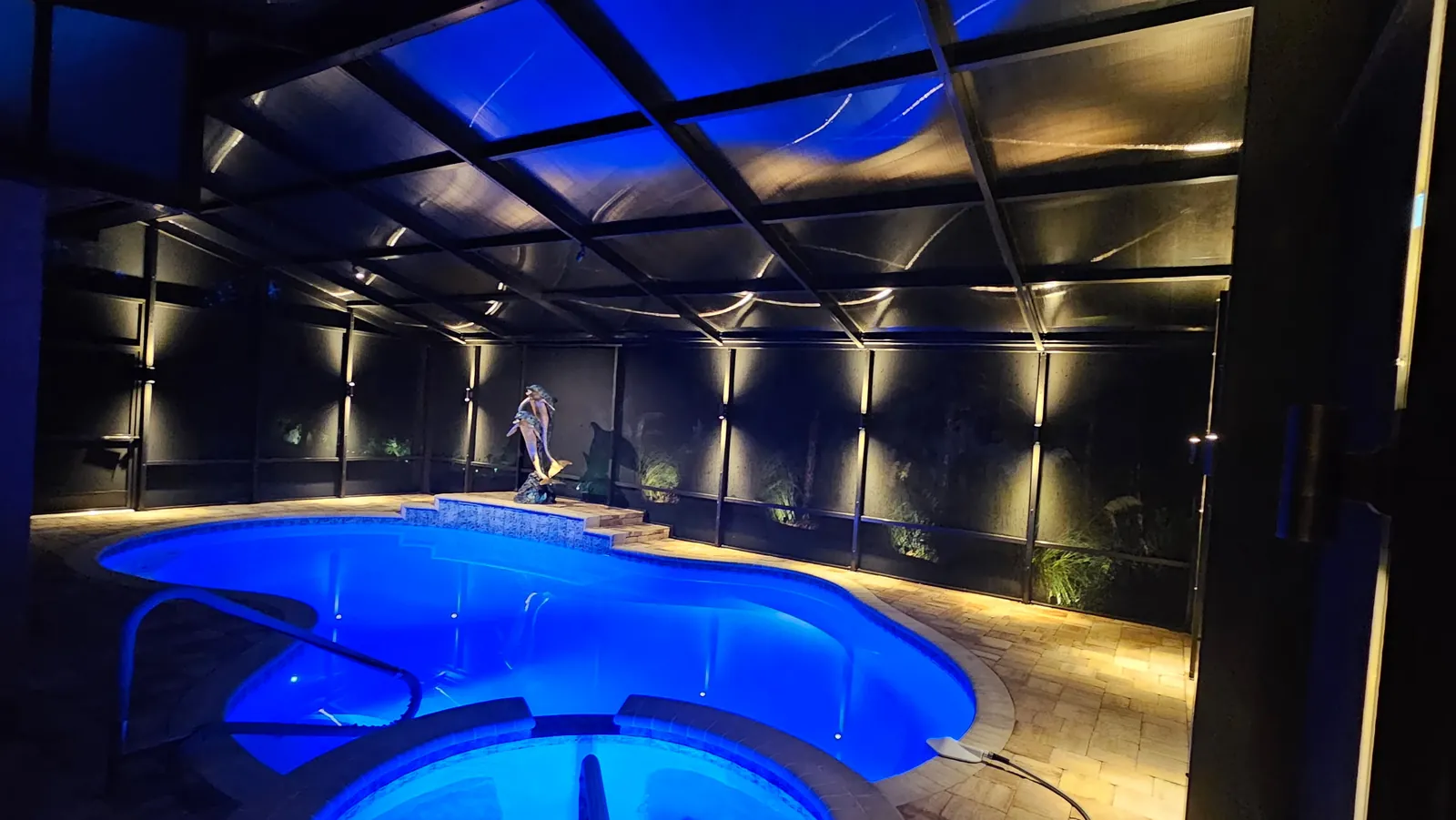 Spa and pool from the corner of the enclosure