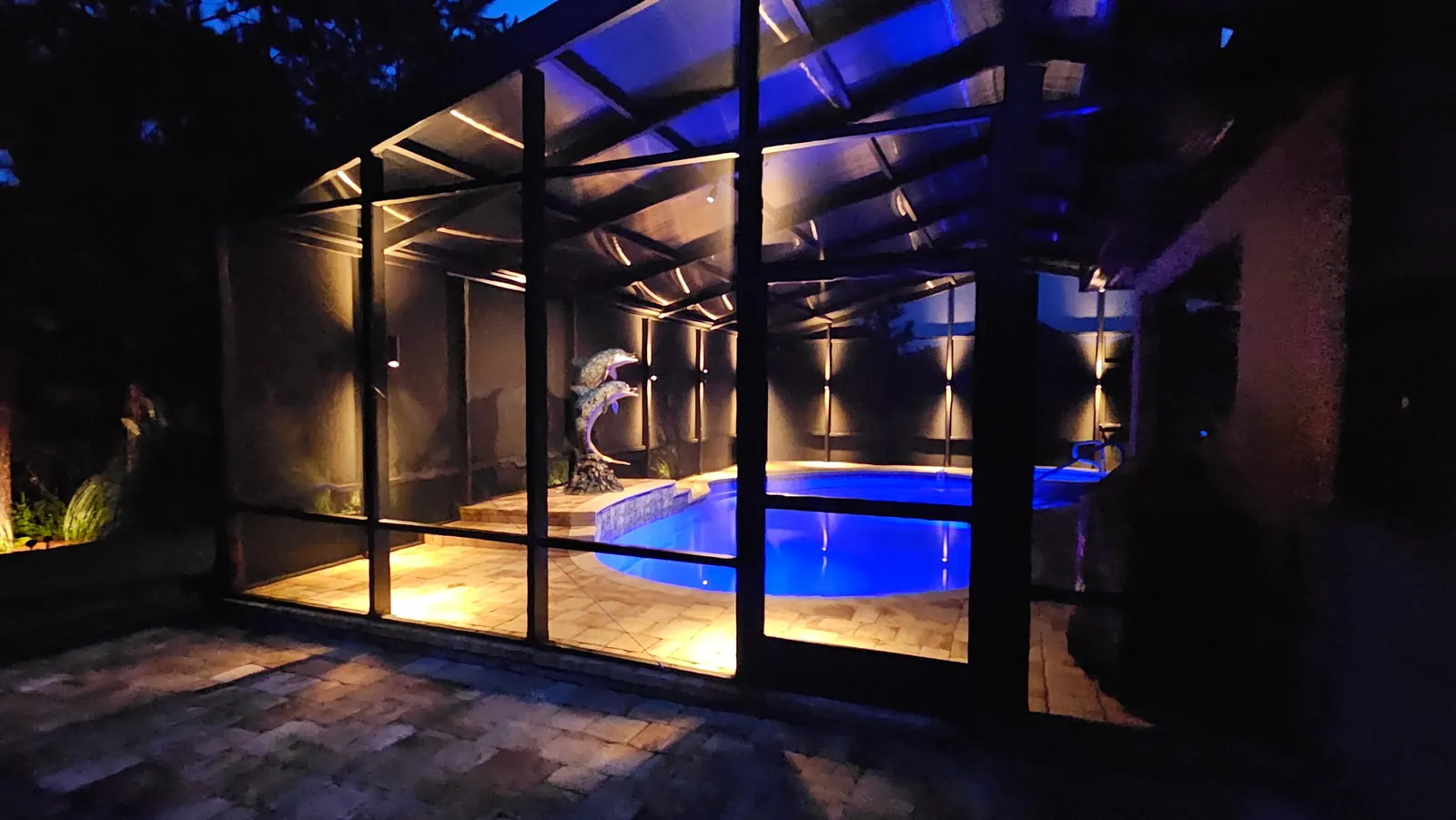 Looking down the lit frame toward the spa